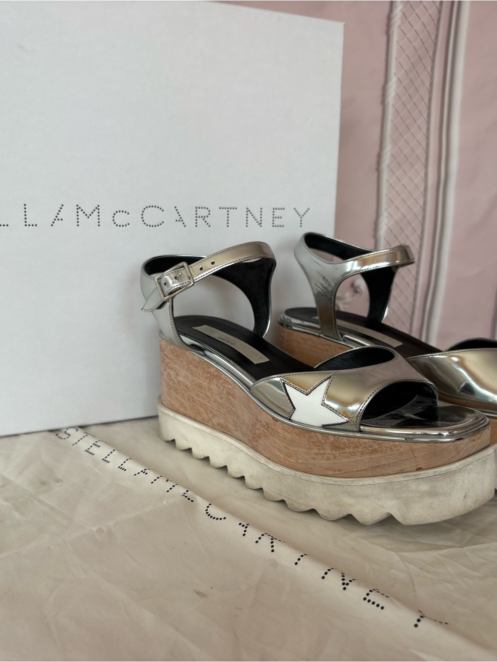 Stella McCartney Metallic Silver Star Platform Wedge Sandals